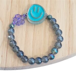 Hand Crafted Beaded Kids Bracelet Blue And Purple Floral Smiley Face Size 6.5"